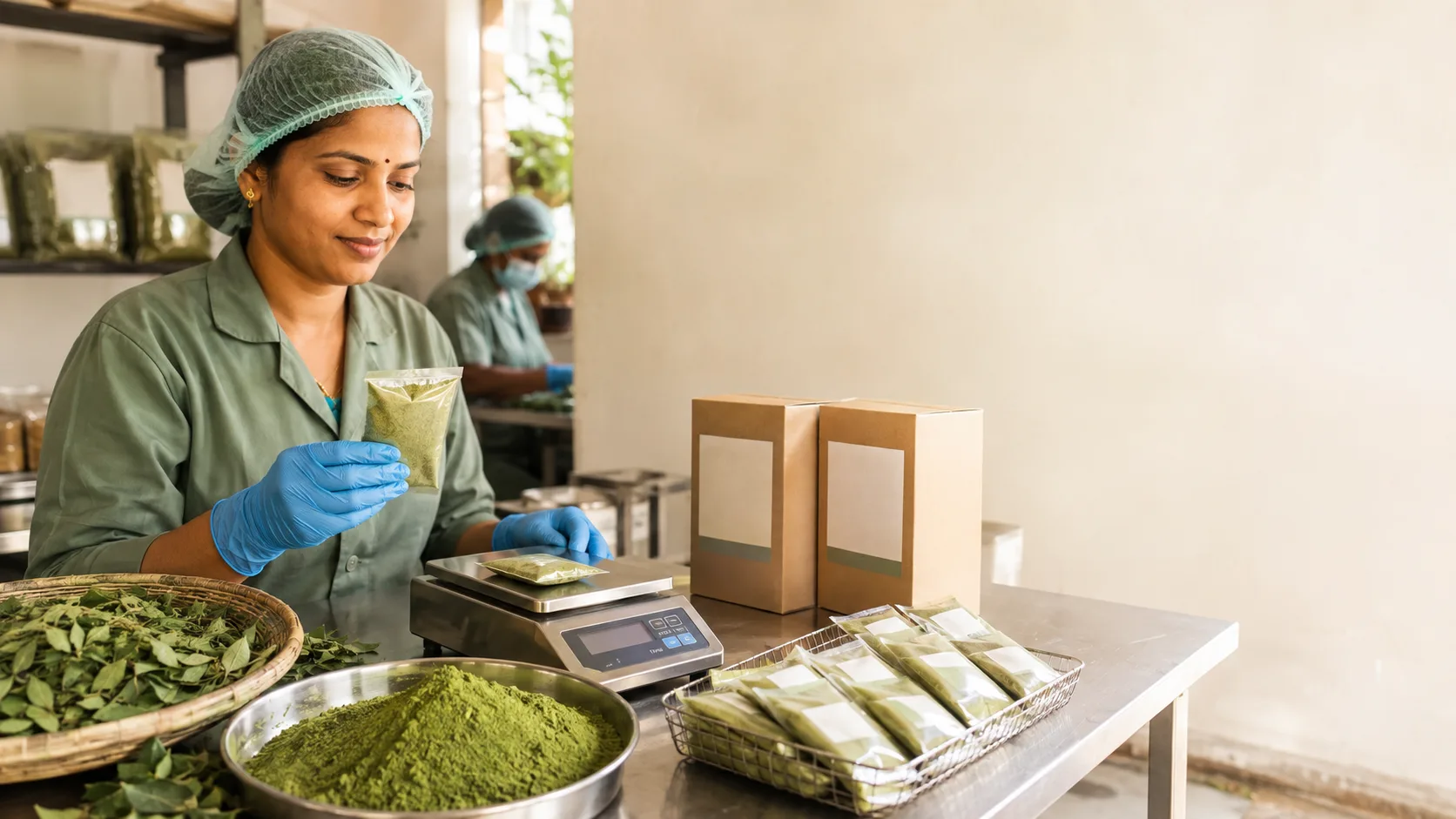 Moringa leaf powder packed for export review.
